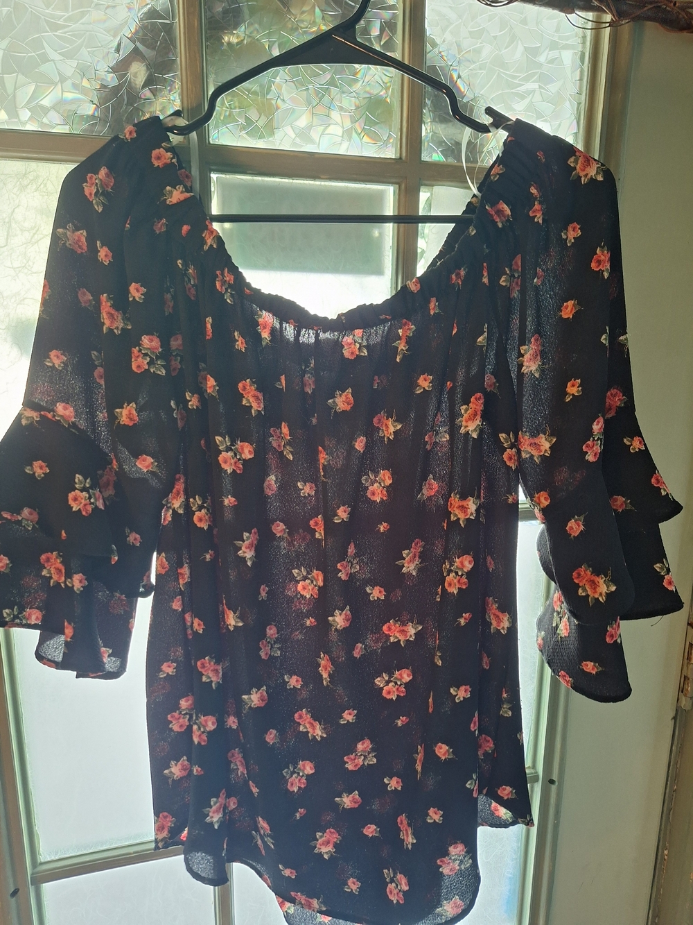 Women’s Black Floral Off-Shoulder Peasant Top